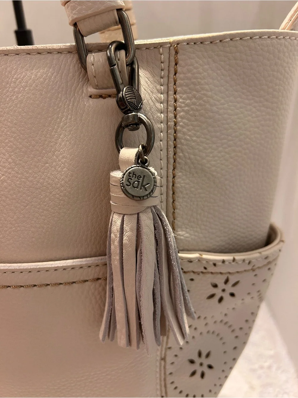 The Sak Sequoia pebbled Leather Tote Bag – Cream Perforated Floral Medallion